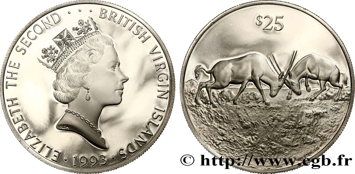 ÎLES VIERGES BRITANNIQUES 25 Dollars Proof Elisabeth II Gazelles 1993  SPL 