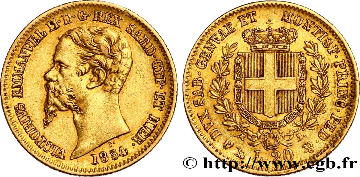 ITALIA - REINO DE CERDEÑA 20 Lire Victor Emmanuel II 1854 Gênes MBC 