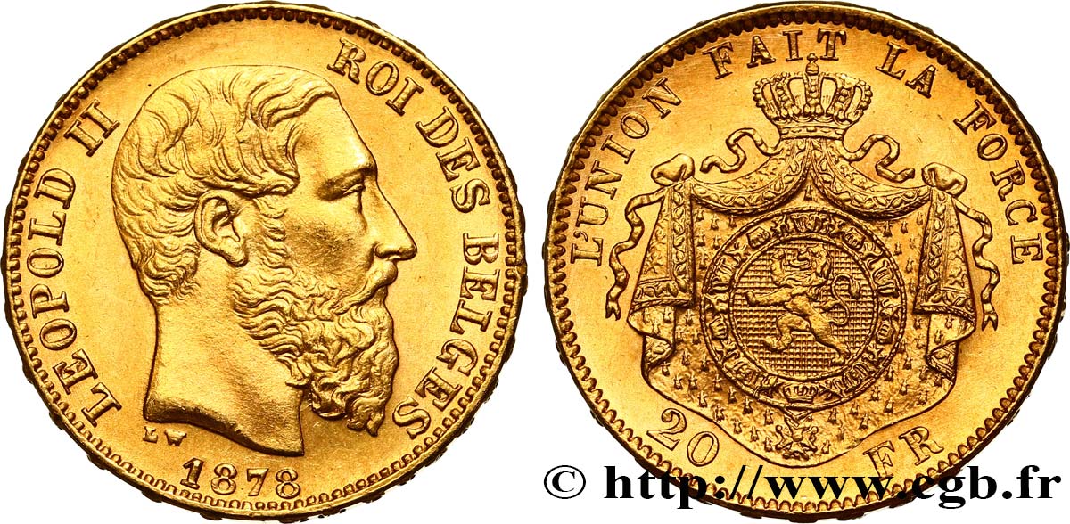 INVESTMENT GOLD 20 Francs Léopold II 1878 Bruxelles SC 