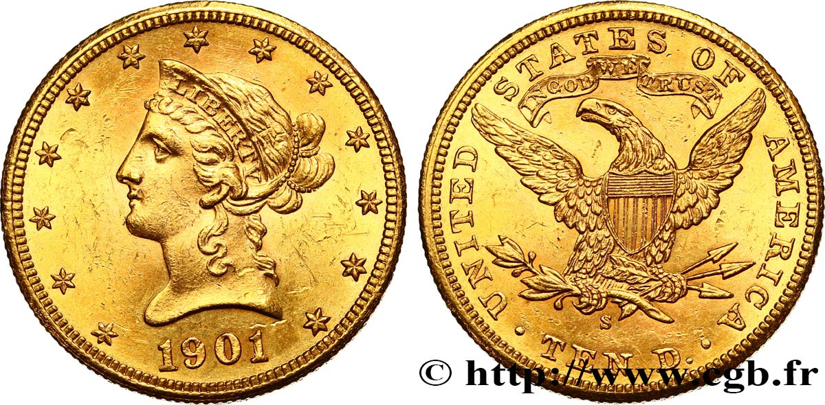 INVESTMENT GOLD 10 Dollars or  Liberty  1901 San Francisco VZ/fST 