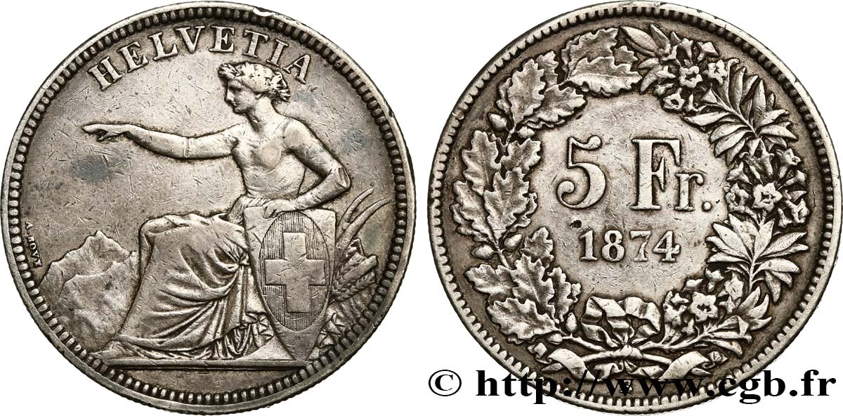 SVIZZERA  5 Francs Helvetia assise 1874 Bruxelles q.BB/BB 