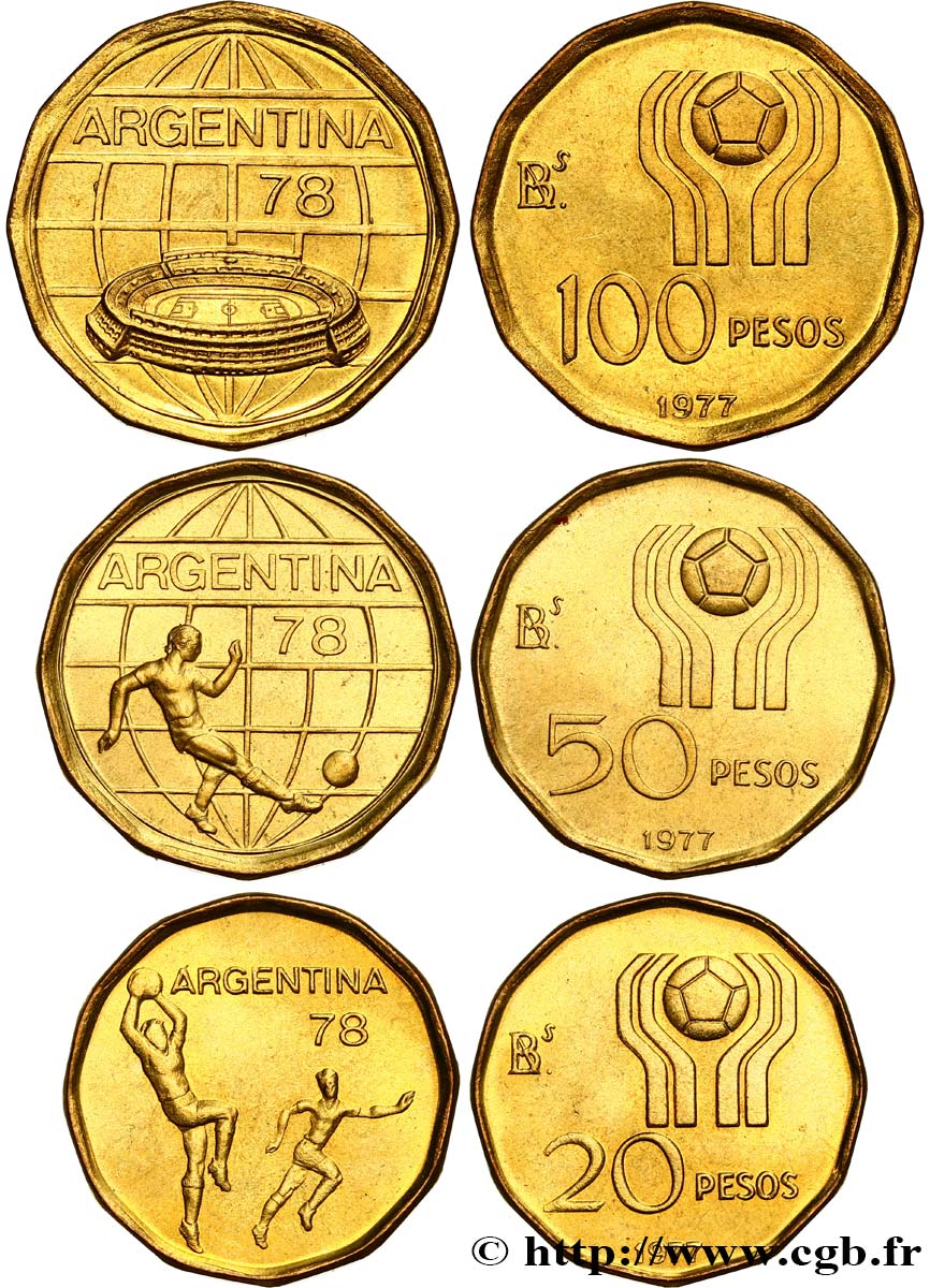 ARGENTINA Lot 20, 50 et 100 Pesos Coupe du monde de football 1977  MS 
