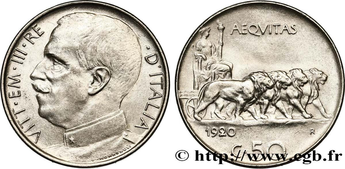 ITALIA 50 Centesimi Victor Emmanuel III 1920 Rome - R EBC 