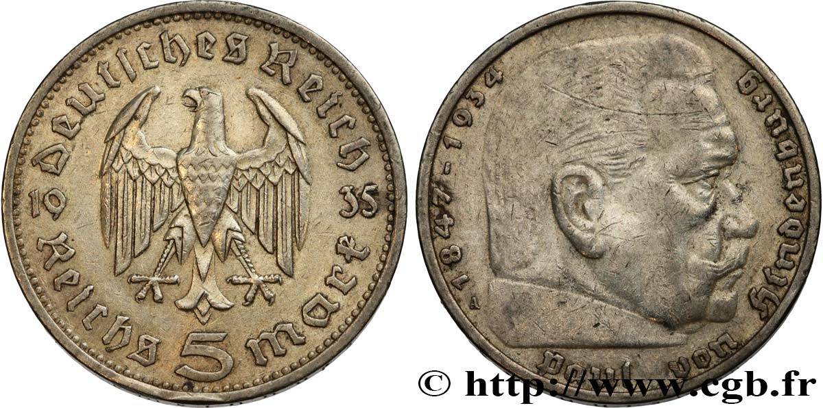 ALLEMAGNE 5 Reichsmark Aigle / Maréchal Paul von Hindenburg 1935 Berlin TTB 