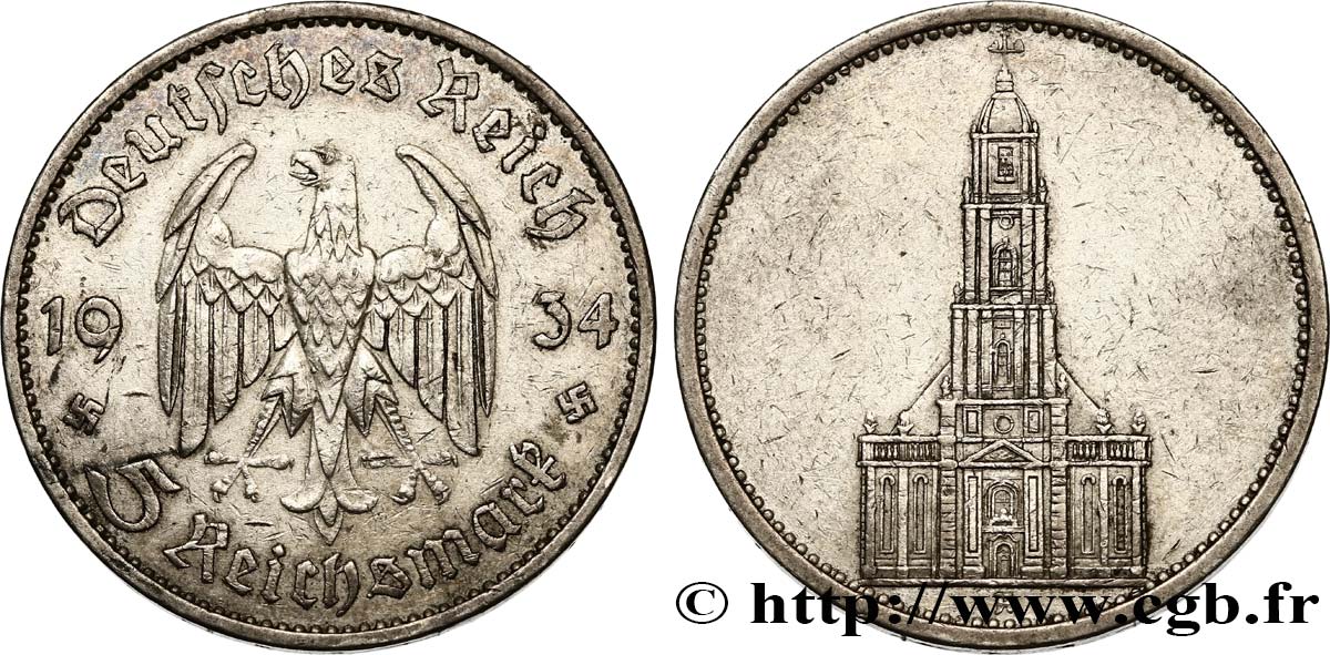 GERMANIA 5 Reichsmark église de la garnison de Potsdam 1934 Berlin q.SPL 