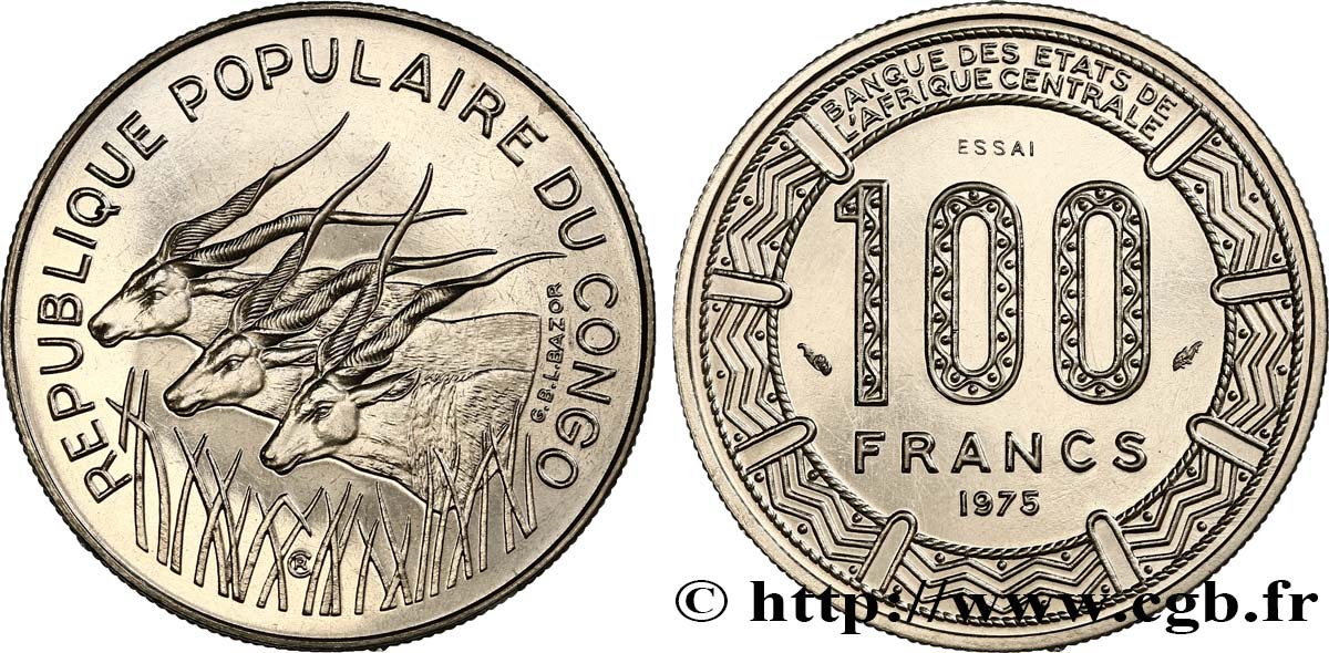 REPUBLIK KONGO Essai de 100 Francs type “BCEAC”, antilopes 1975 Paris ST 