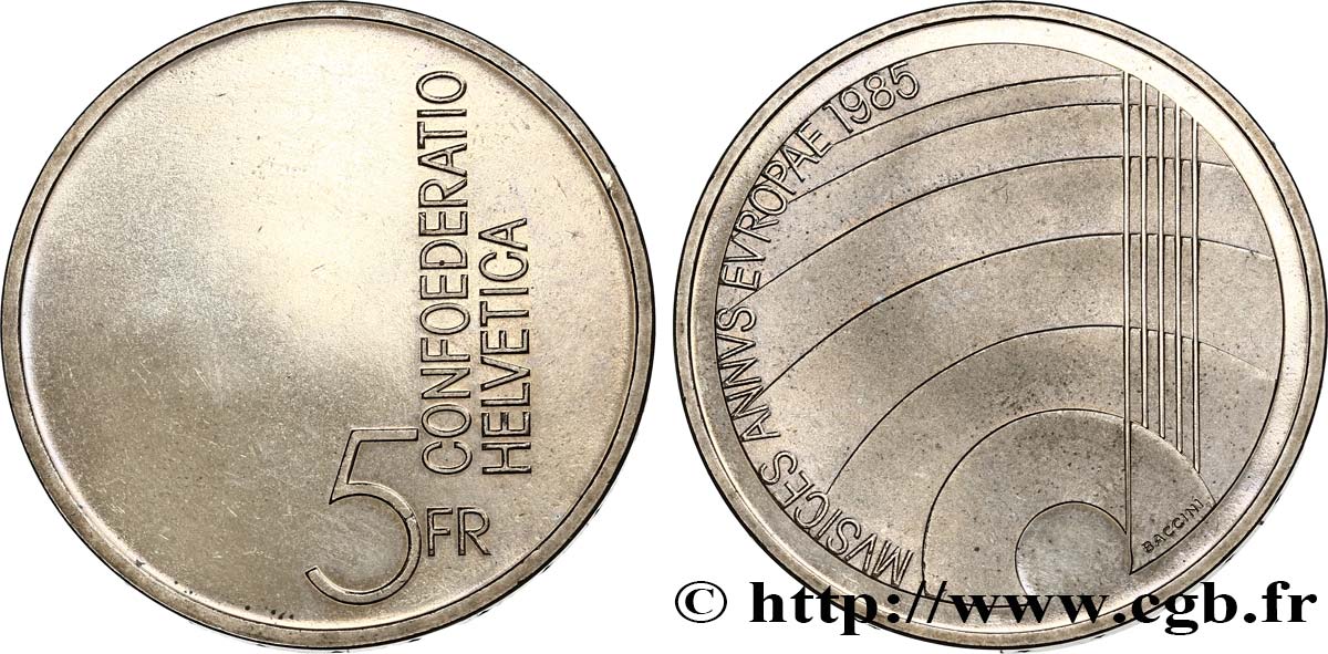 SUISSE 5 Francs année européenne de la musique 1985 Berne SPL 