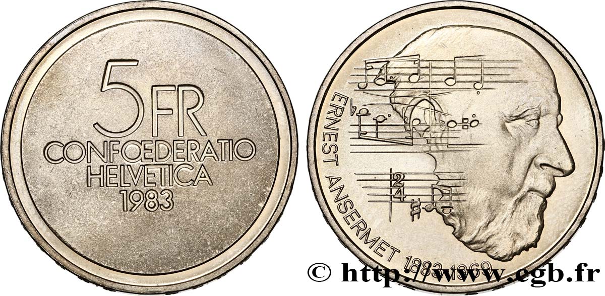 SWITZERLAND 5 Francs 100e anniversaire de la naissance du chef d’orchestre Ernest Ansermet Proof 1983 Berne MS 