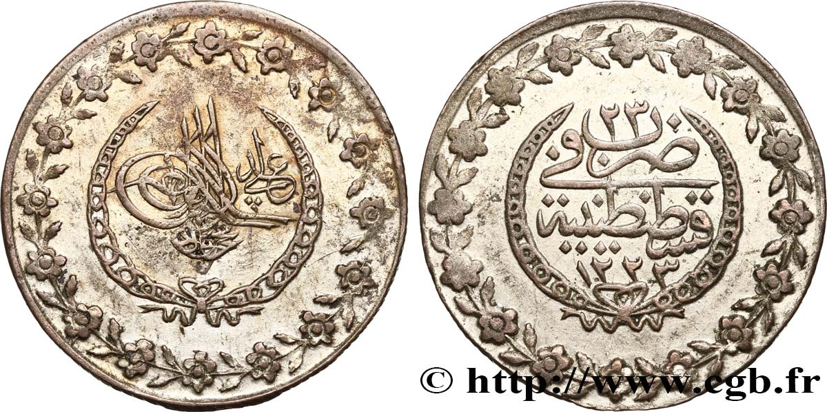 TURQUIE 5 Kurush au nom de Mahmoud II AH1223 an 23 1830 Constantinople TB 