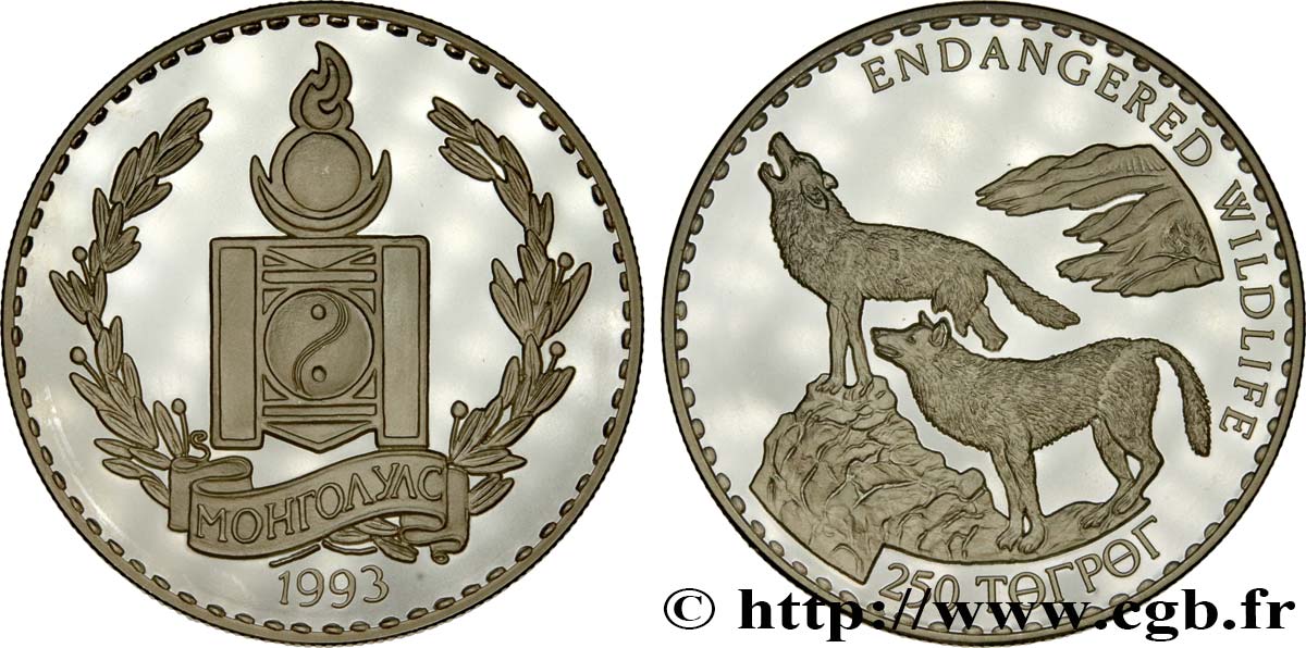 MONGOLIA 250 Tugrik Proof Loups 1993  MS 