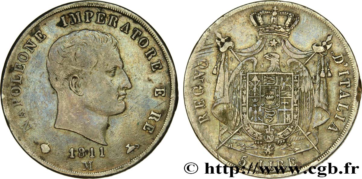 ITALIE - ROYAUME D ITALIE - NAPOLÉON Ier 5 Lire 1811 Milan TB+ 
