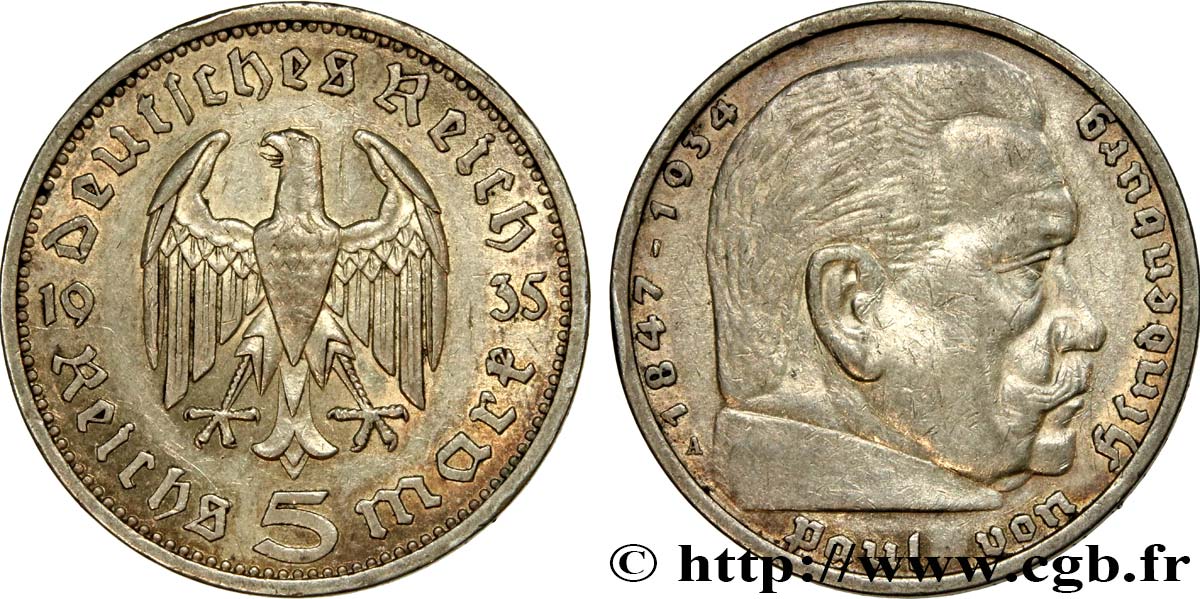 DEUTSCHLAND 5 Reichsmark Aigle / Maréchal Paul von Hindenburg 1935 Berlin fVZ 