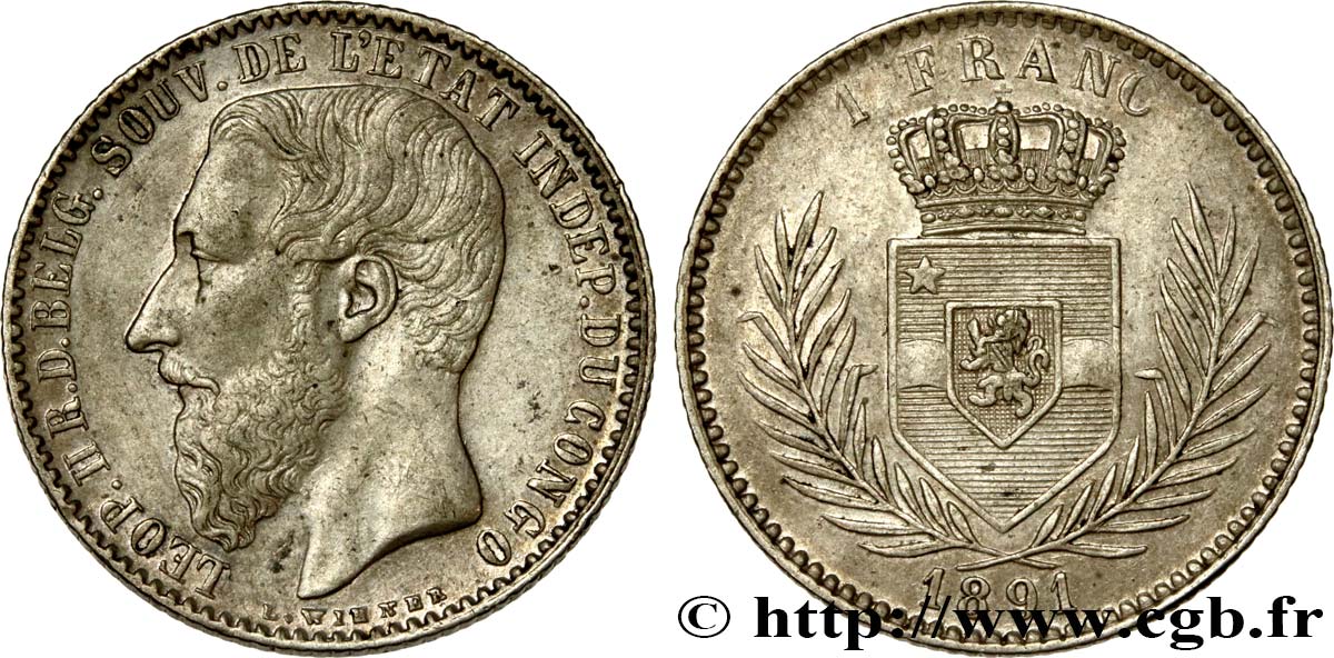 BELGIUM - CONGO FREE STATE 1 Franc Léopold II 1891  AU 