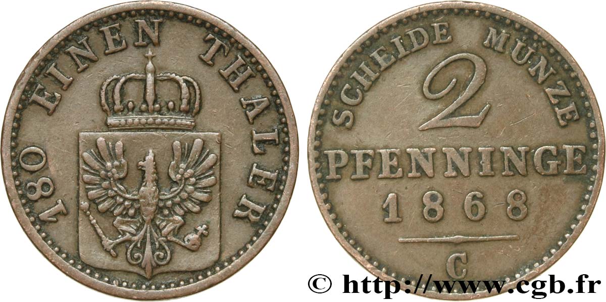 GERMANIA - PRUSSIA 2 Pfenninge Royaume de Prusse écu à l’aigle 1868 Francfort - C q.SPL 