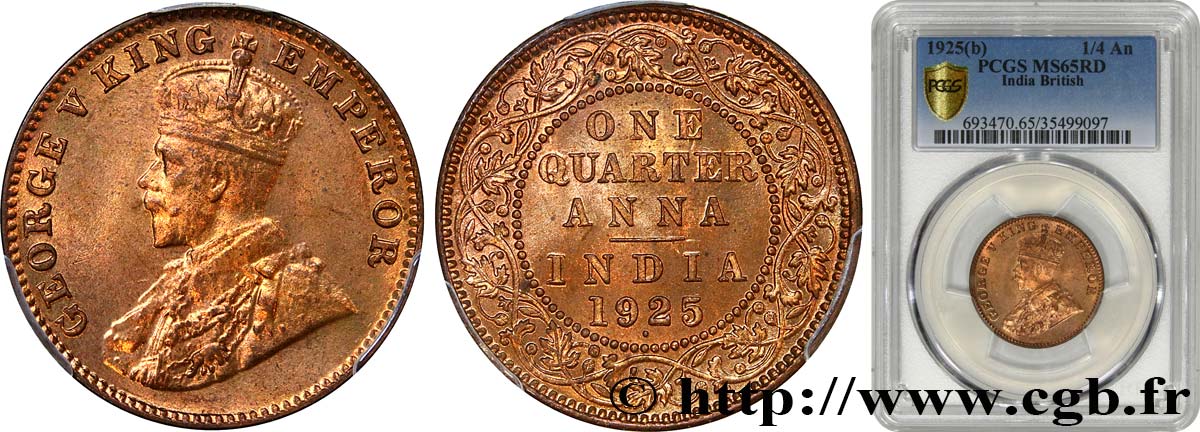 BRITISH INDIA 1/4 Anna Georges V 1925 Bombay MS65 PCGS