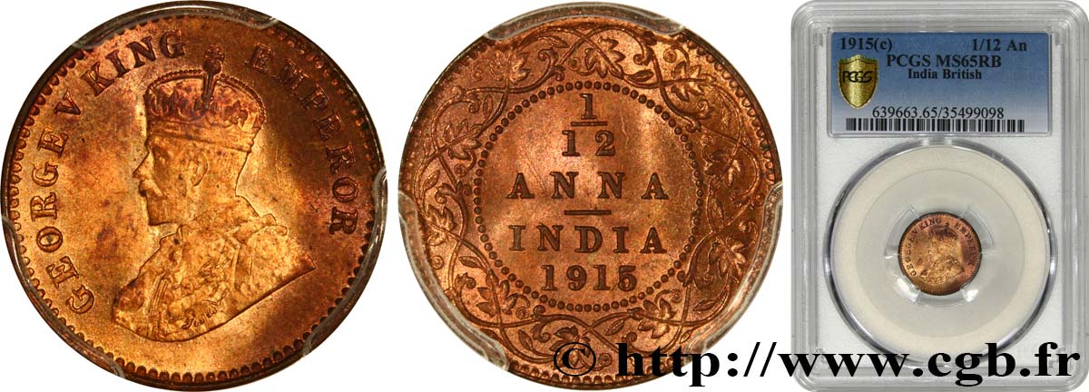 BRITISH INDIA 1/12 Anna (1 Pie) Georges V 1915 Calcutta MS65 PCGS