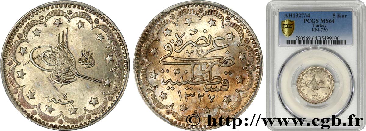 TURCHIA 5 Kurush AH1327 an 4 n.d. Constantinople MS64 PCGS