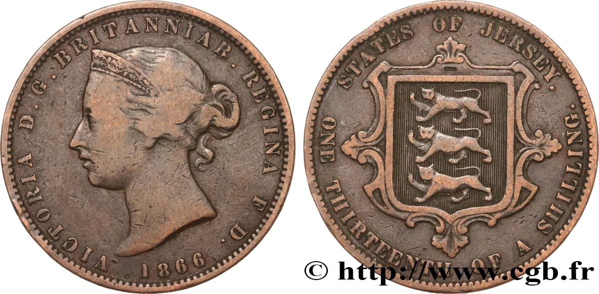 JERSEY 1/13 Shilling Reine Victoria / armes du Baillage de Jersey 1866  VF 