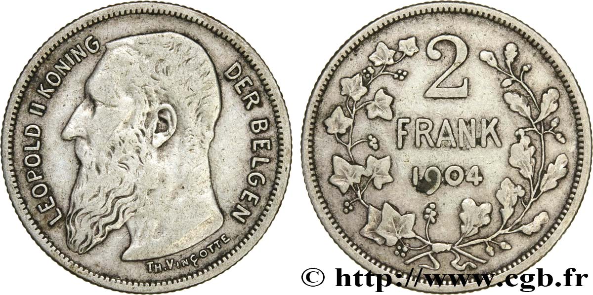 BELGIUM 2 Frank (Francs) Léopold II légende flamande 1904  VF 