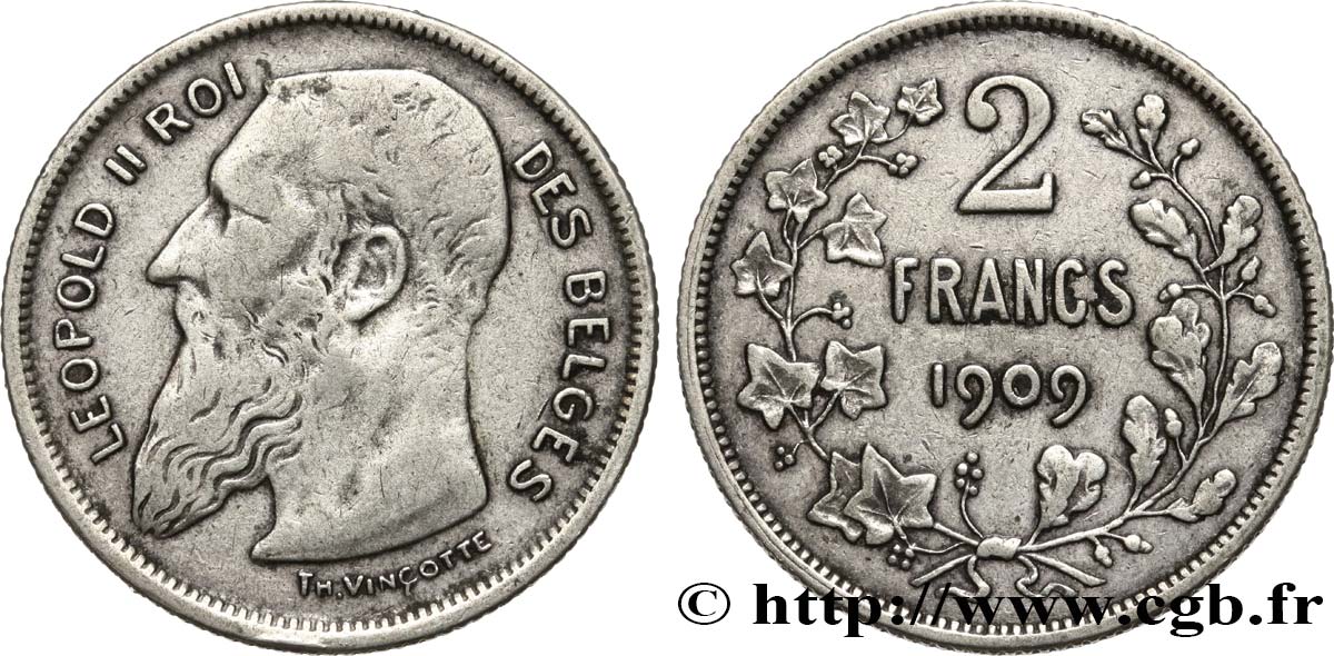 BELGIQUE 2 Francs Léopold II légende française 1909  TTB 