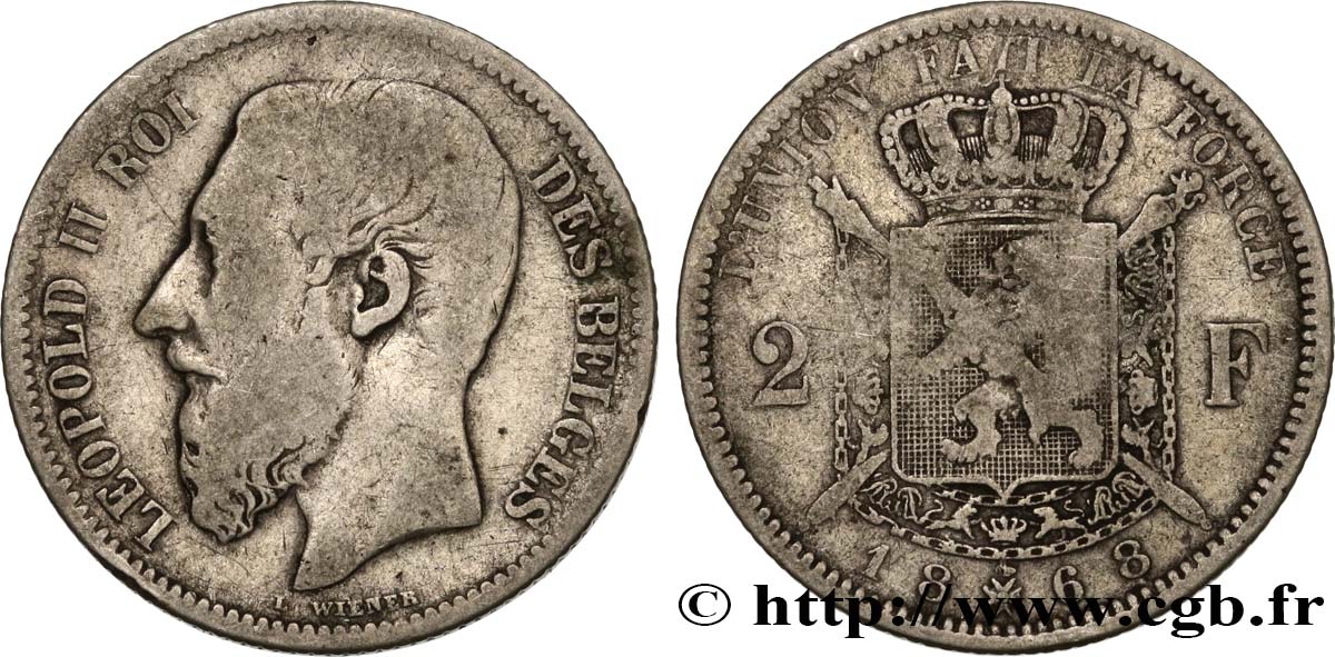 BELGIQUE 2 Francs Léopold II légende française 1868  TB 