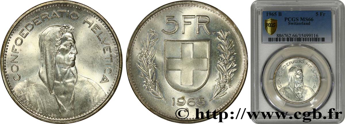 SCHWEIZ 5 Francs Berger des alpes 1965 Berne ST66 PCGS