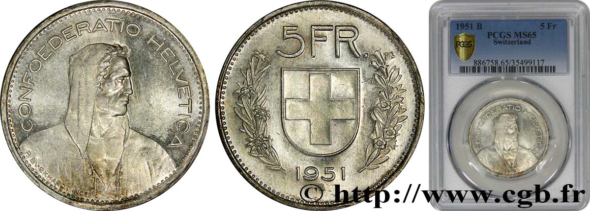 SVIZZERA  5 Francs Berger des alpes 1951 Berne FDC65 PCGS