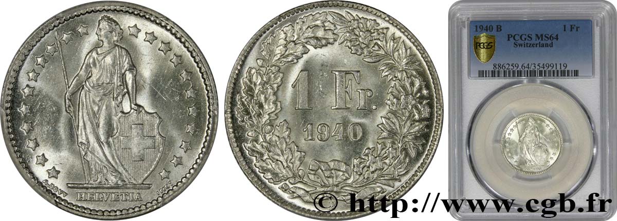 SWITZERLAND 1 Franc Helvetia 1940 Berne MS64 PCGS