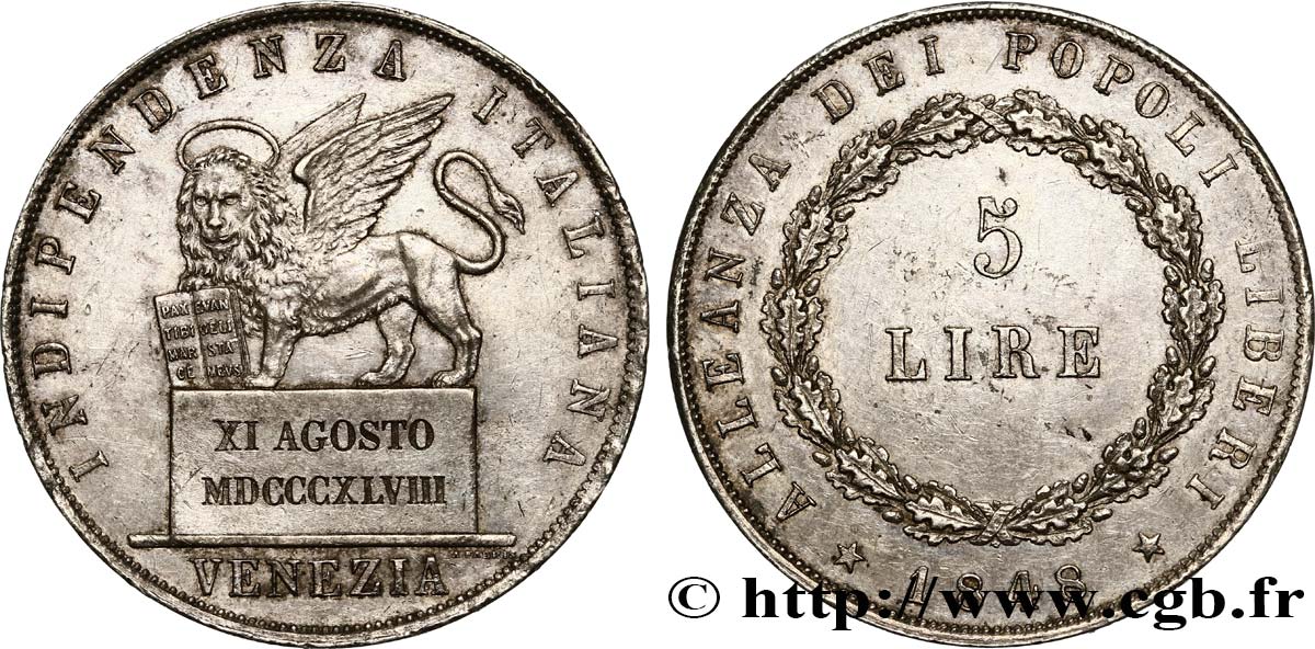 ITALIE - RÉPUBLIQUE DE VENISE 5 Lire 1848 Venise EBC 