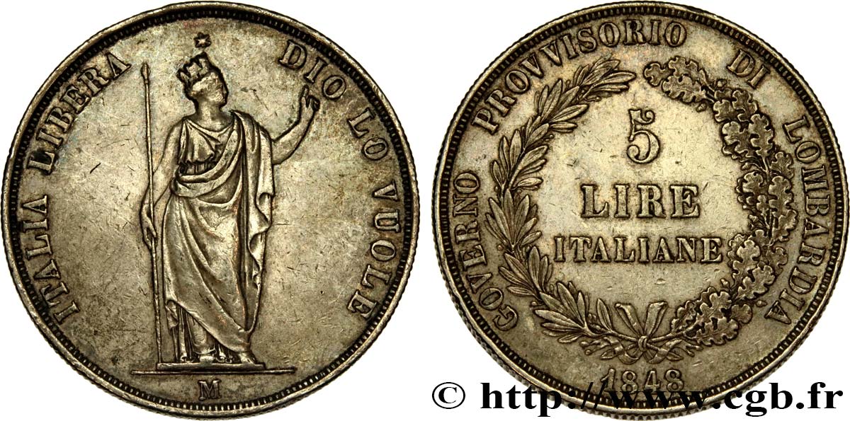 ITALIE - LOMBARDIE 5 Lire Gouvernement provisoire de Lombardie 1848 Milan TB+/TTB 