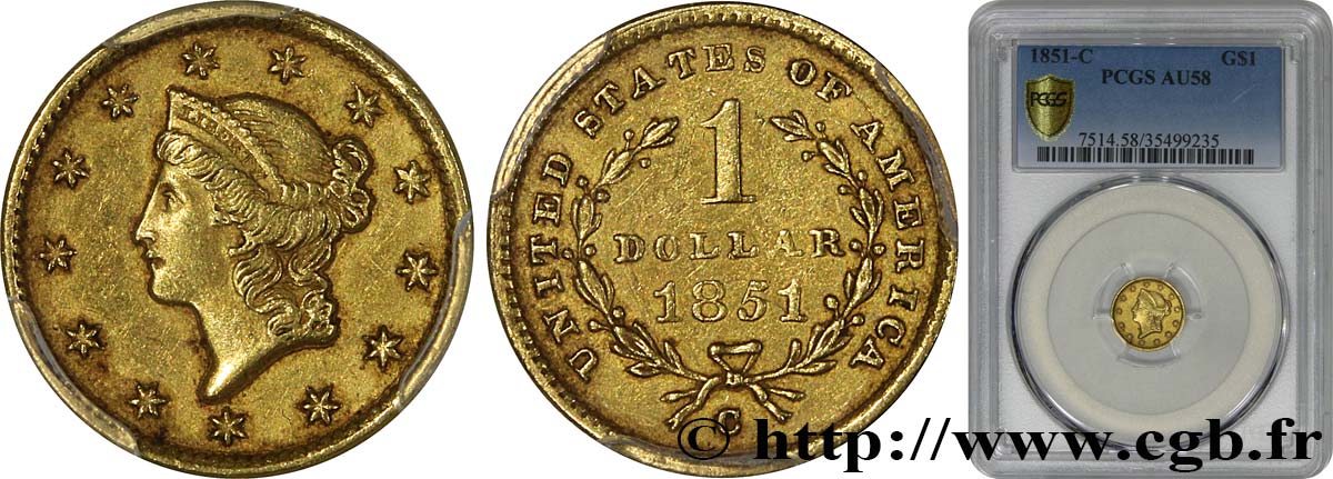 ÉTATS-UNIS D AMÉRIQUE 1 Dollar  Liberty head  1er type 1851 Charlotte SUP58 PCGS