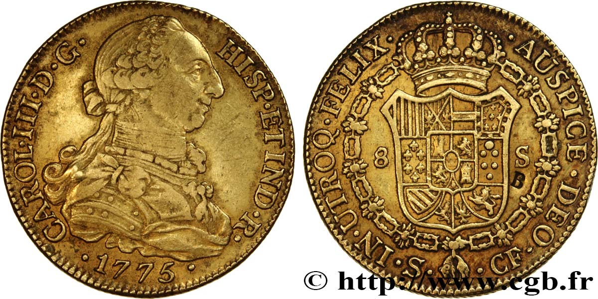 SPAIN - KINGDOM OF SPAIN - CHARLES III 8 Escudos 1775 Séville XF 