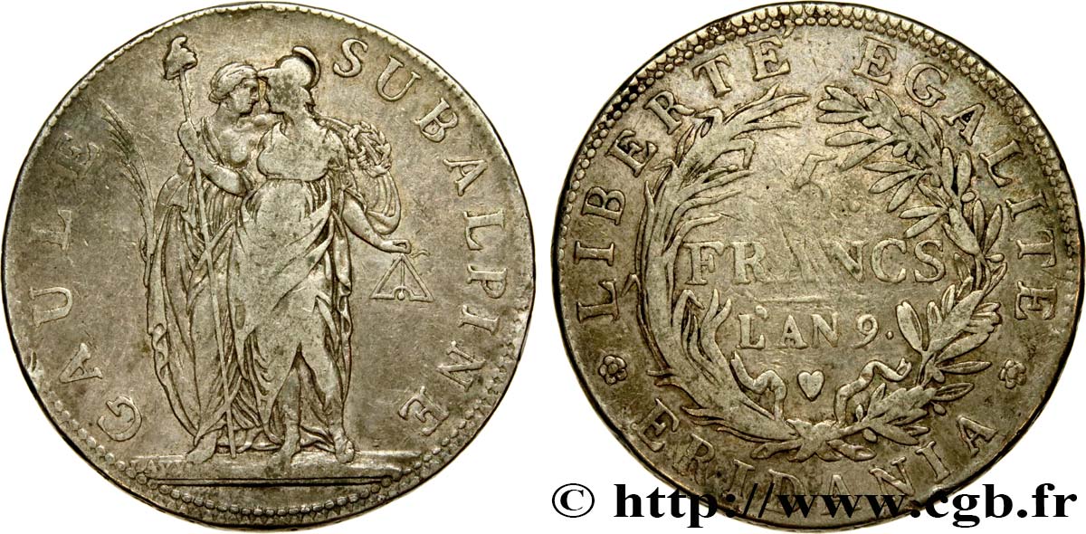 ITALIEN - SUBALPINISCHE  5 Francs an 9 1801 Turin S 