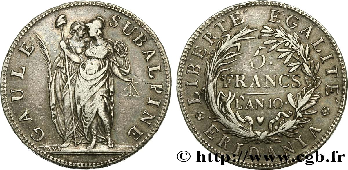 ITALIA - GALIA SUBALPINA 5 Francs an 10 1802 Turin q.BB/BB 