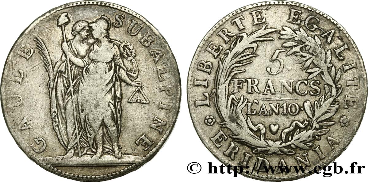 ITALY - SUBALPINE GAUL 5 Francs an 10 1802 Turin VF/VF 