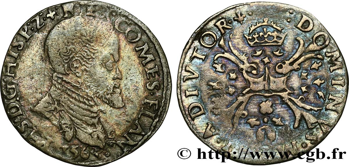 PAYS-BAS ESPAGNOLS - COMTÉ DE FLANDRE - PHILIPPE II D ESPAGNE 1/10 Écu 1556 Bruges BC+ 