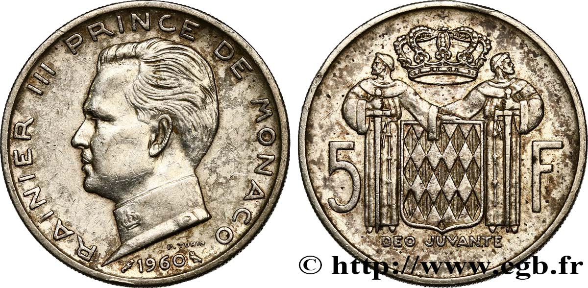 MONACO 5 Francs Prince Rainier III 1960 Paris AU 