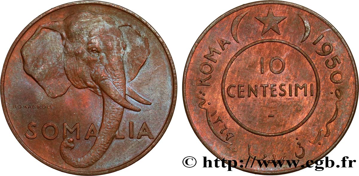 SOMALIE ITALIENNE 10 Centesimi éléphant 1950 Rome SPL 