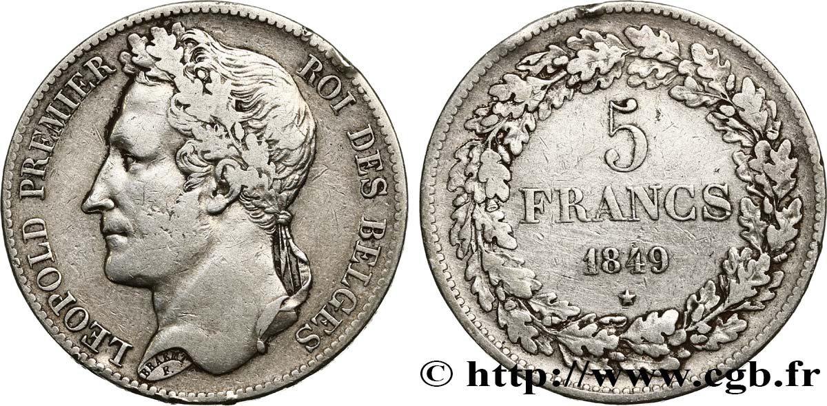 BELGIQUE 5 Francs Léopold Ier tête laurée 1849  TB+ 