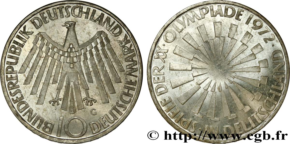 GERMANY 10 Mark XXe J.O. Munich “IN DEUTSCHLAND” 1972 Karlsruhe MS 