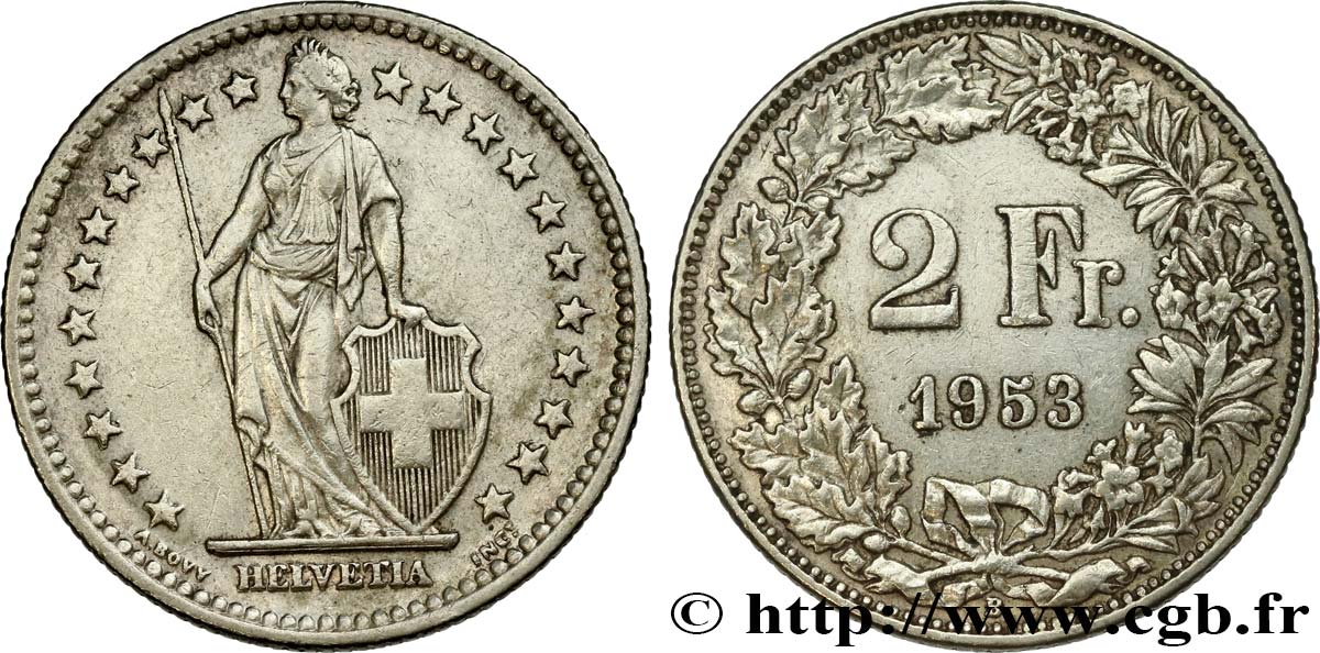 SCHWEIZ 2 Francs Helvetia 1953 Berne - B VZ 