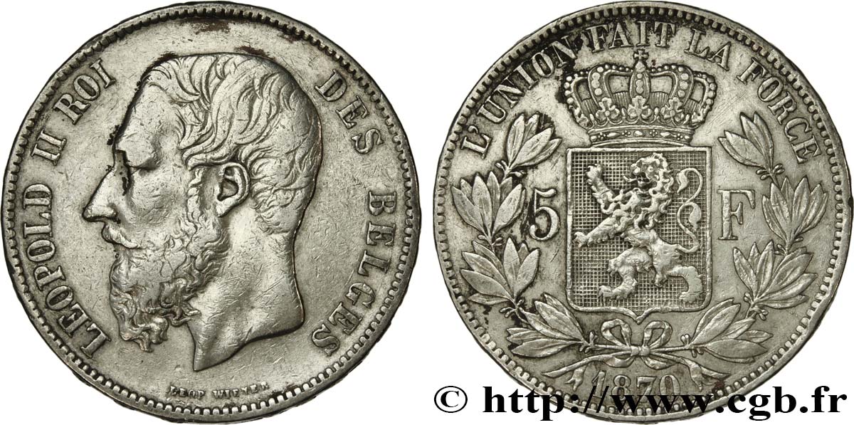 BELGIQUE 5 Francs Léopold II 1870  TB+ 
