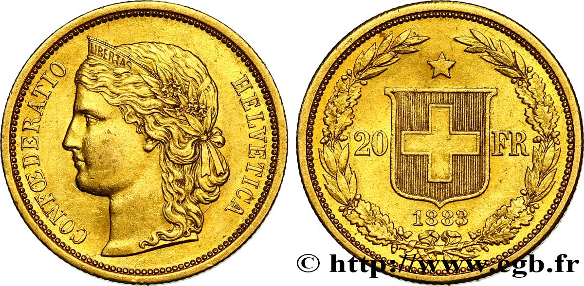 SUISSE 20 Francs buste diadémé d Helvetia 1883 Berne SUP 