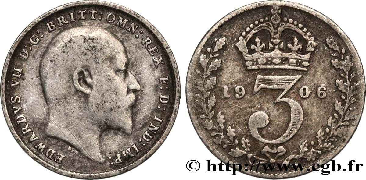VEREINIGTEN KÖNIGREICH 3 Pence Edouard VII / couronne 1906  fSS 