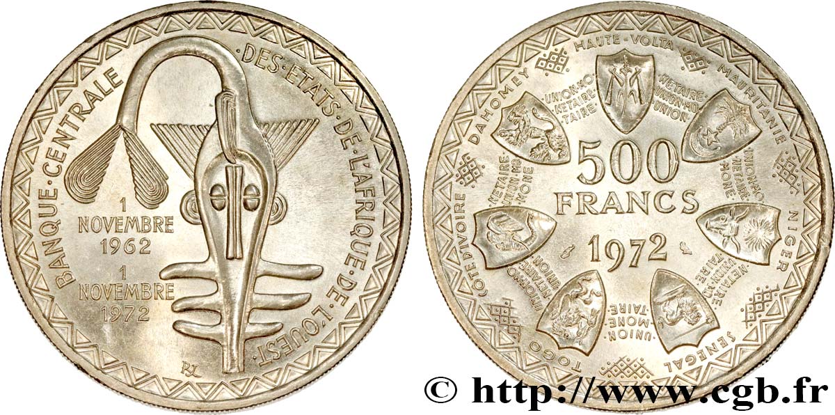 ÉTATS DE L&nbsp;AFRIQUE DE L&nbsp;OUEST (BCEAO) 500 Francs BCEAO 1972 Paris SPL 