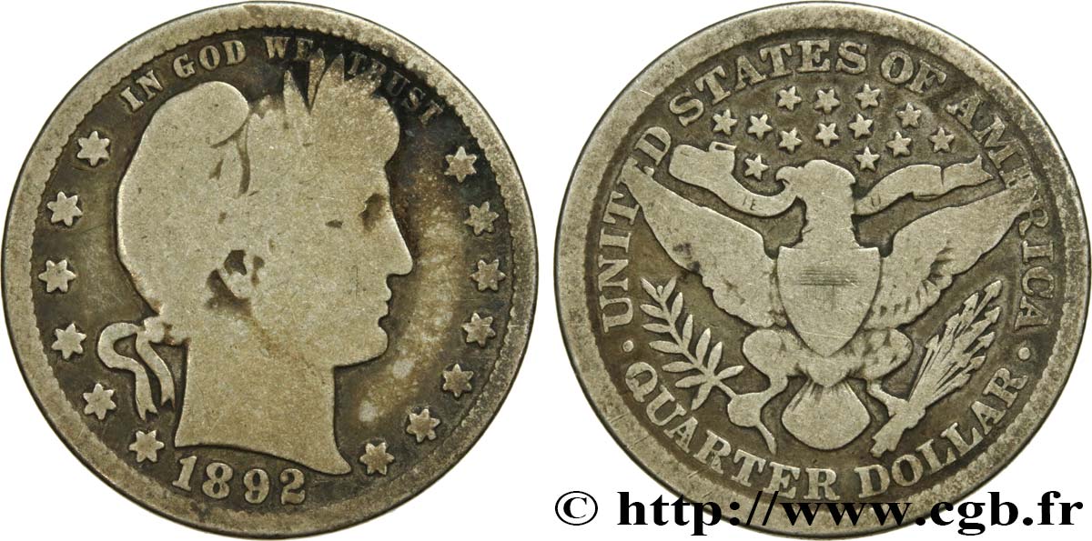 UNITED STATES OF AMERICA 1/4 Dollar Barber 1892 Philadelphie VG 