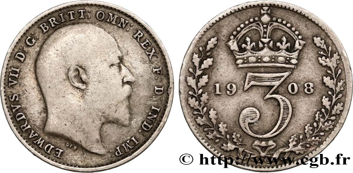 VEREINIGTEN KÖNIGREICH 3 Pence Édouard VII 1908  S 