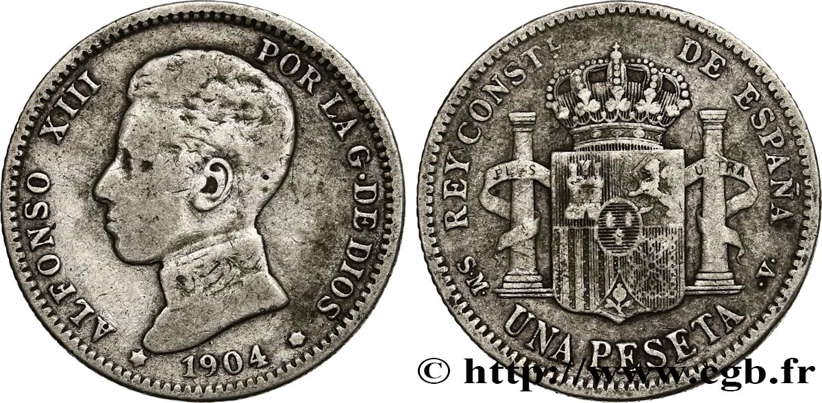 SPAIN 1 Peseta Alphonse XIII 4e type de buste 1904 Madrid VF 