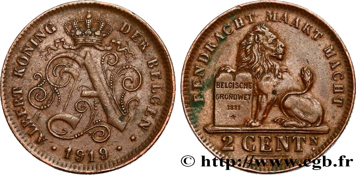 BELGIUM 2 Centimes monogramme d’Albert Ier légende flamande 1919  AU 