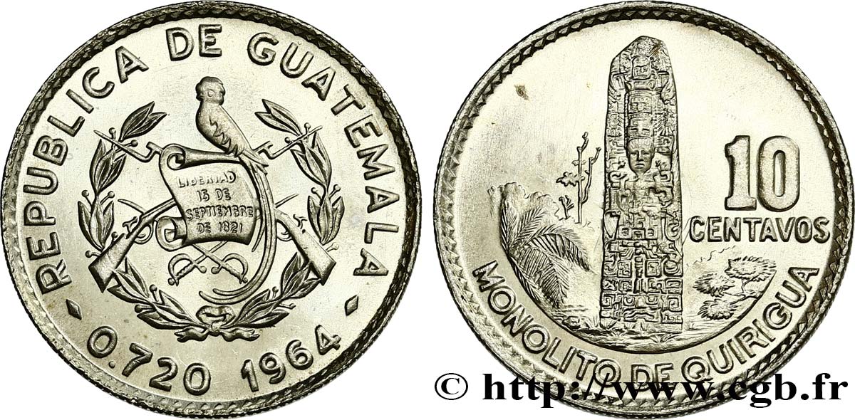 GUATEMALA 10 Centavos emblème au quetzal 1964  ST 